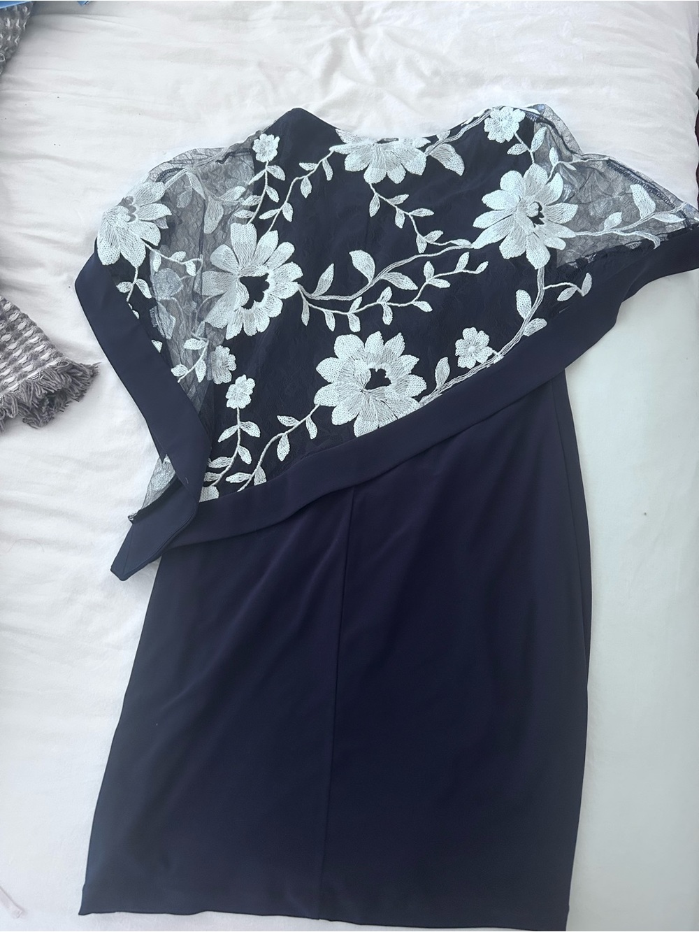 Laura Petite size 6 - Elegant Navy Dress with White Floral Lace Overlay